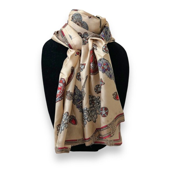 Antique Luxury Design Light Brown & Red Wine Rectangular Scarf 62” X 16” Unisex - Picture 3 of 8